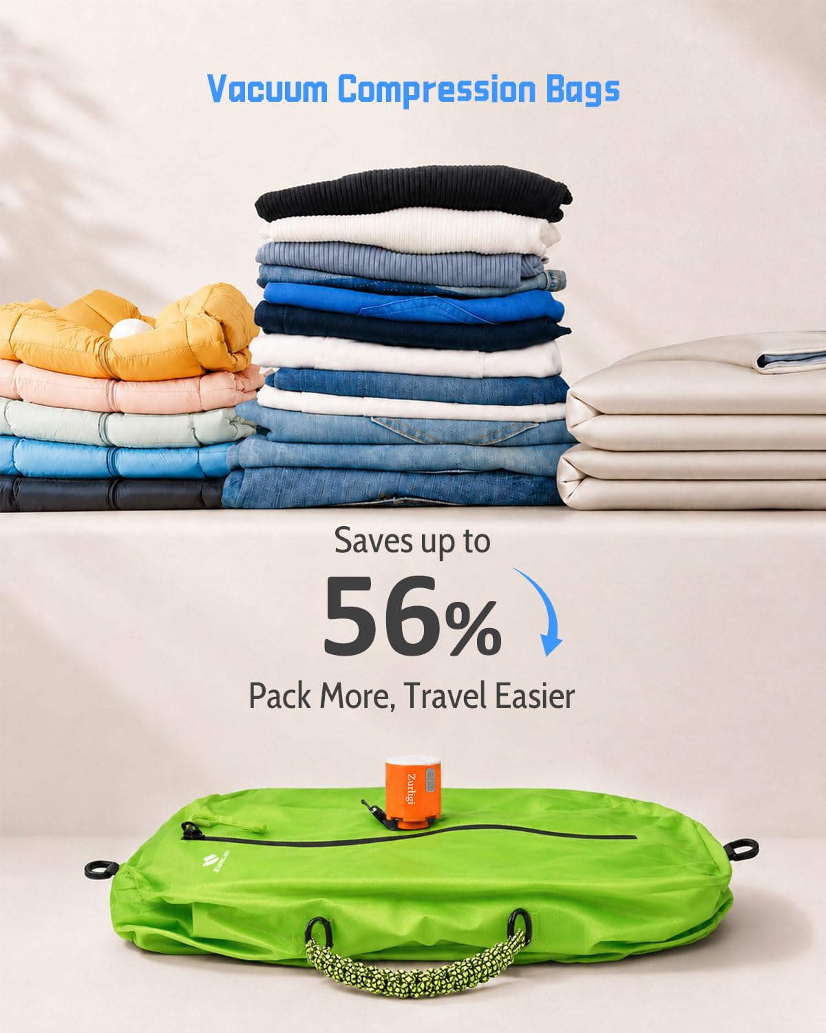 Zurligi Vacuum Compression Travel Bags Kit with Mini Pump, 39L Carry-On Vacuum Seal Bag + S/M/L Packing Cubes Set for Clothes & Underwear, Space Saving Organizer for Suitcase & Backpack