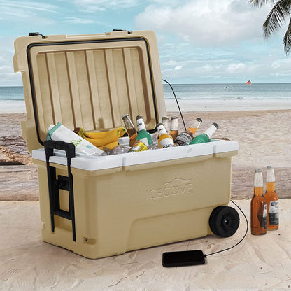 IceCove Norah 60-Quart Insulated Portable Rolling Ice Chest Solar Cooler with Wheels for Party, Camping and Outdoor Activities, Mojave Desert Tan