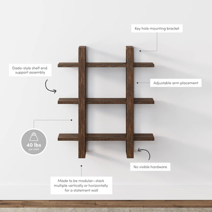 Nathan James Floating Wall Book Shelves, 3-Tier Display Shelf, Decorative Modular Shelf in Solid Wood for Bedroom, Nursery, Bathroom or Kitchen, Set of 2