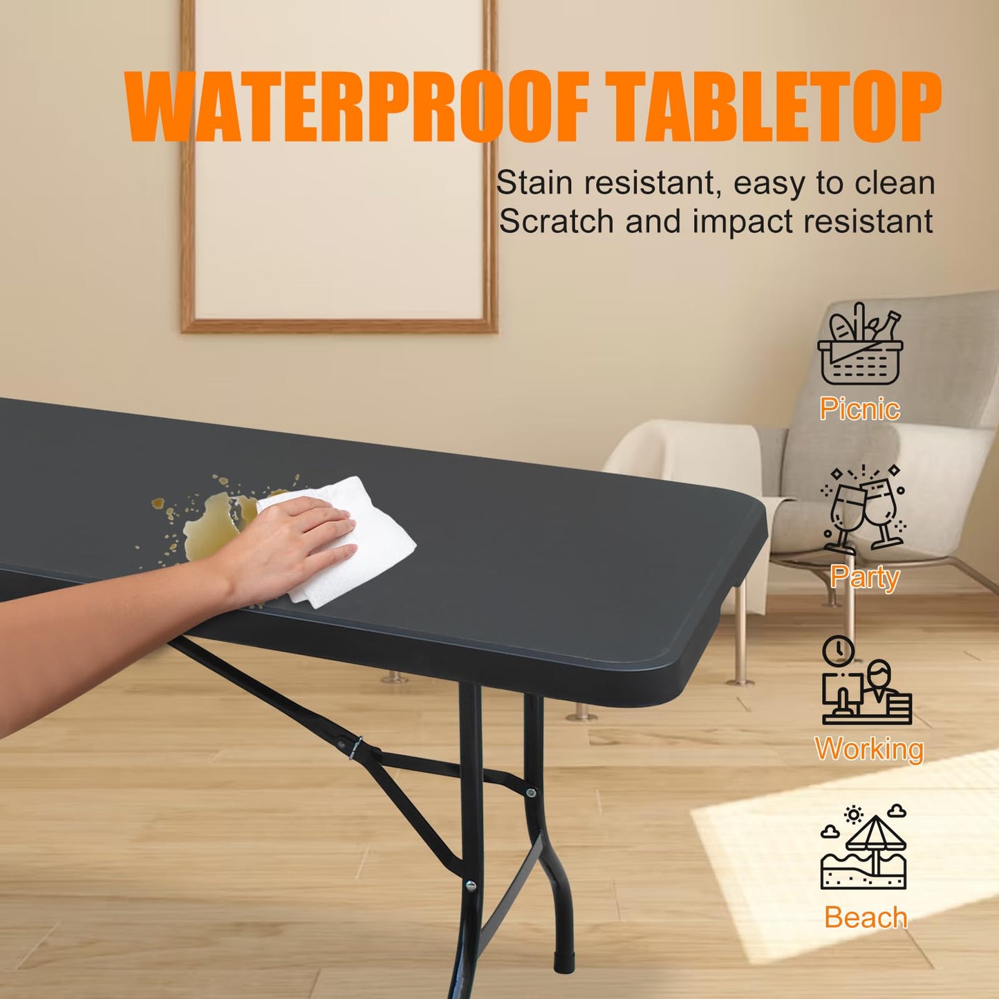 SculPong 8 FT Folding Table with Carry Handle, Portable Fold-in-Half Plastic Table, Rectangle Foldable Table for Indoor/Outdoor Black