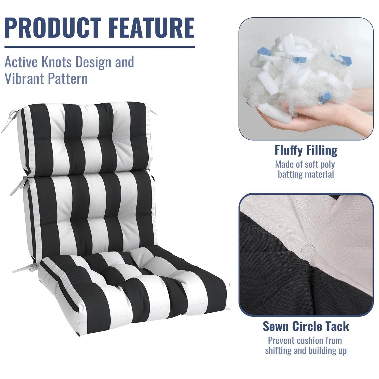 TWLEAR Outdoor High Back Patio Chair Cushions, Tufted Rocking Chair Cushions, Adirondack Cushions for Garden Porch Home Office Chair Use, 44” x 22” x 4”, 2 Pack, Cabana Black