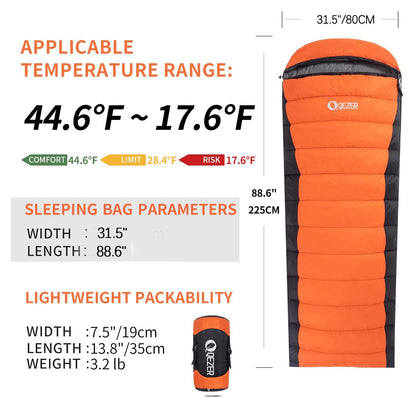 QEZER Down Sleeping Bag for Adults 600 Fill Power, Cold Weather Compact Ultralight All Seasons Sleeping Bag for Backpacking, Camping, Hiking