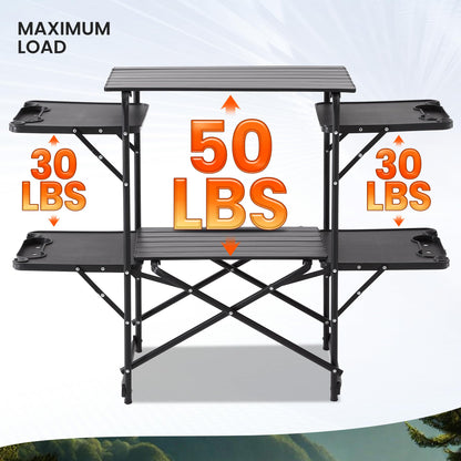 Foristrail Slim-Fold Camping Kitchen Table, Metal Folding Portable Outdoor Cook Station with 4 Side Tables, 2 Storage Shelves & Carrying Bag, Heat Resistant Quick Set-Up for Picnic BBQ