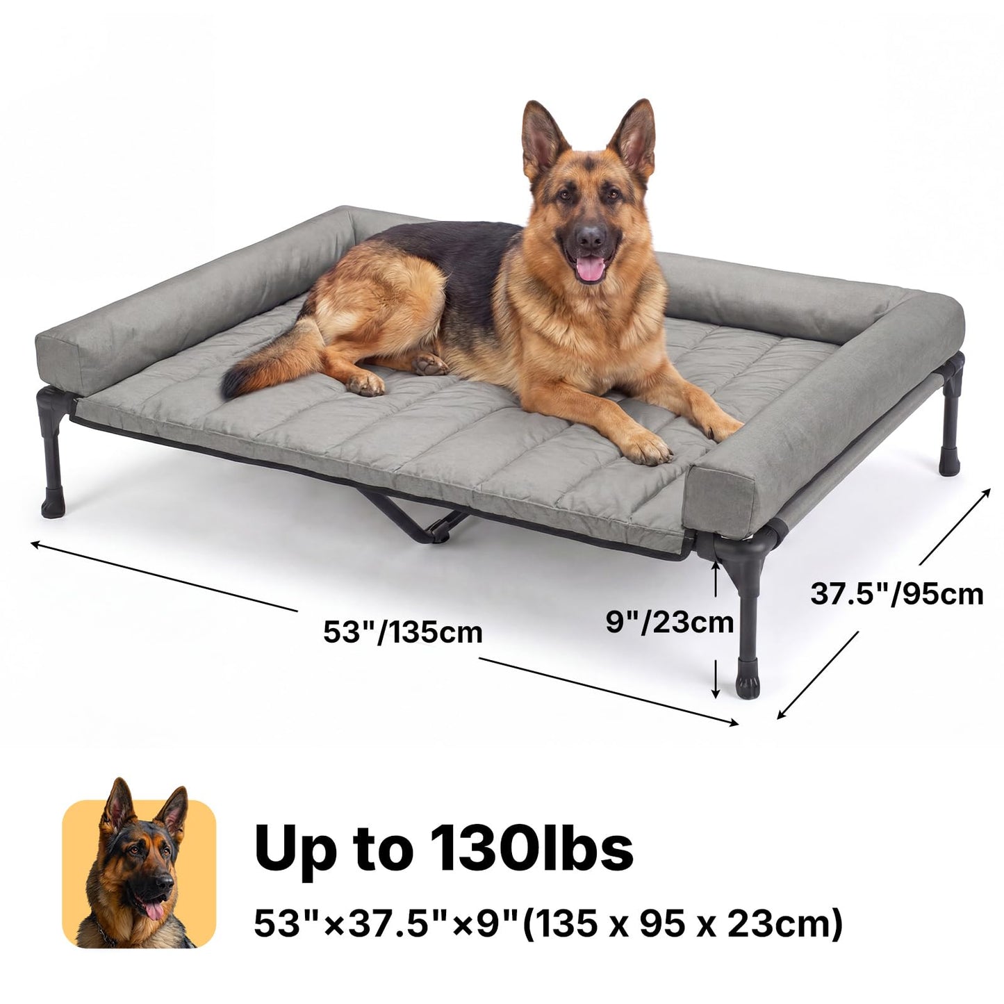 Veehoo Cooling Elevated Dog Bed Add Removable Waterproof Bolster Cushion Mat, Raised Pet Cot with Breathable Teslin Mesh, No-Slip Feet, Dog Couch Bed for Indoor Outdoor, 53 inches, Grey