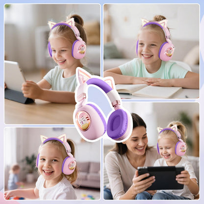 sunvito Kids Headphones Bluetooth 5.4 - Cat Ear LED Light Up Noise Cancelling Wireless Headphones with Mic, 85dB Volume Limited, Wired & Wireless Mode for Travel/School/iPad