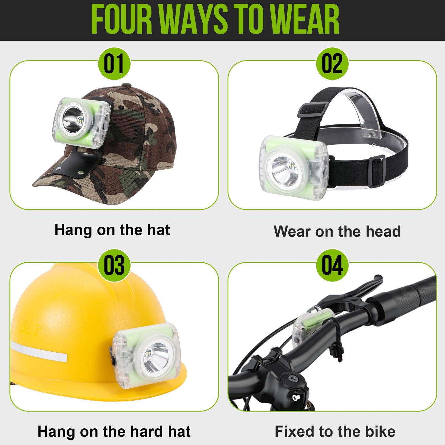 High-Power Rechargeable LED Mining Headlamp, Lightweight IP68 Waterproof Hard Hat Helmet Light for Miners, Outdoor Work, Hiking, Camping, Caving, Emergency Use (Miner Light Kit + Camouflage Hat)