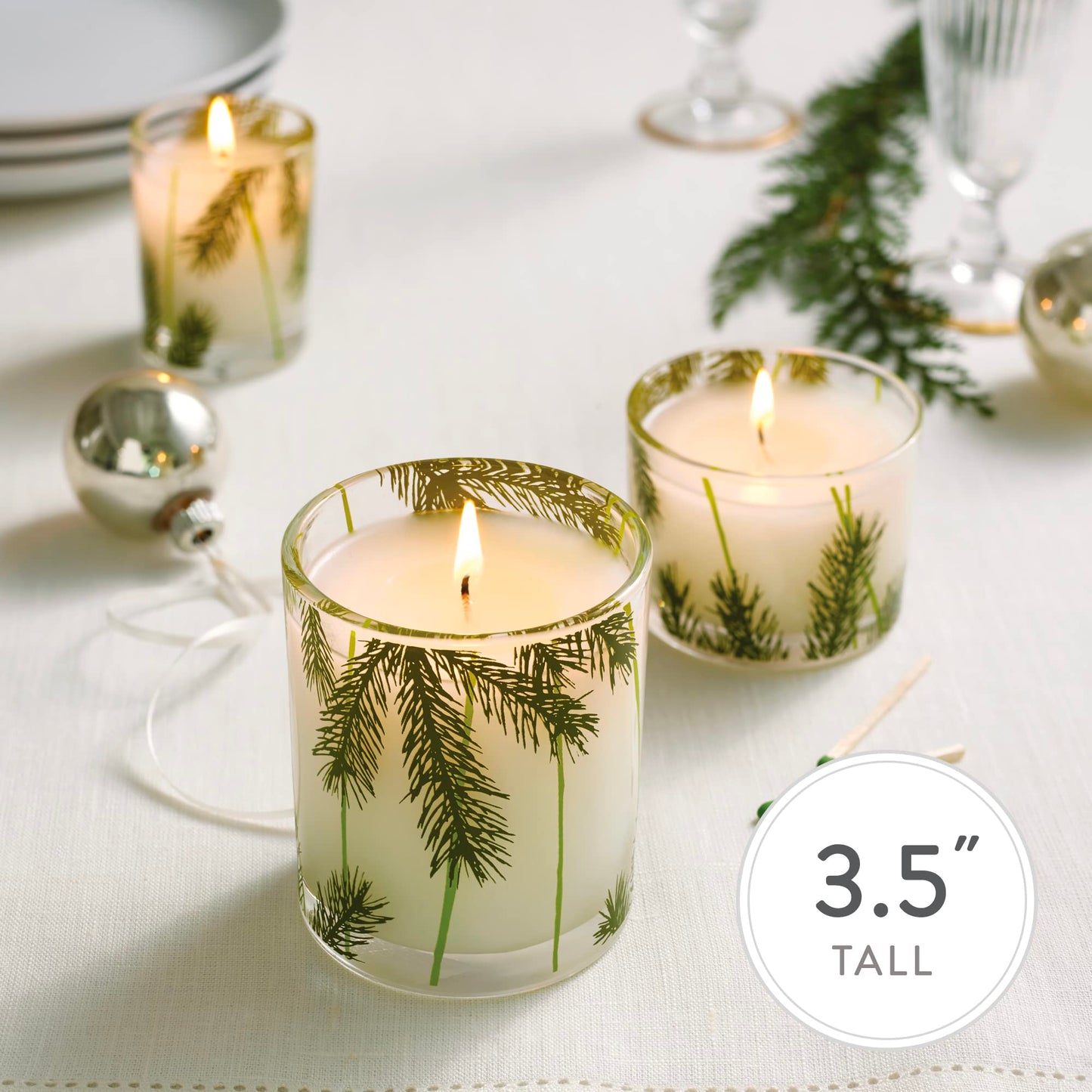 Thymes Frasier Fir Candles - Statement Collection - Silver with Pine Needle Design - Scented Candles for Home Decor - Notes of Siberian Fir Needles, Cedarwood & Sandalwood - Petite (5 oz)