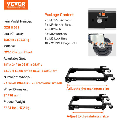 VEVOR Mobile Base, 1500 lbs Capacity, Adjustable from 18" x 24" to 26.5" x 31.5", Heavy Duty Universal Mobile Base Stand with Swivel Wheels, for Woodworking Equipment, Bandsaw, Power Tools, Machines