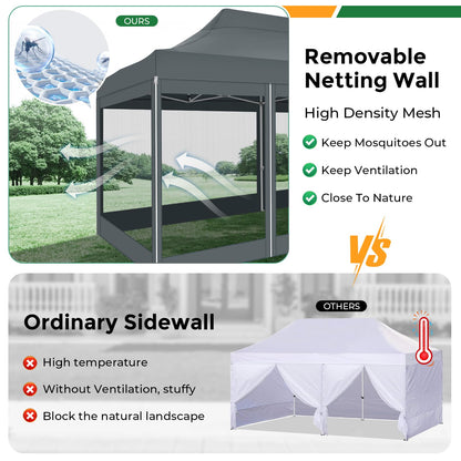 COBIZI 10x20 Heavy Duty Pop Up Canopy Tent with 6 Sidewalls, Easy Set Up Outdoor Waterproof Screen Commercial Party Tent with Mosquito Netting for Parties Backyard Patio, Roller Bag, Gray