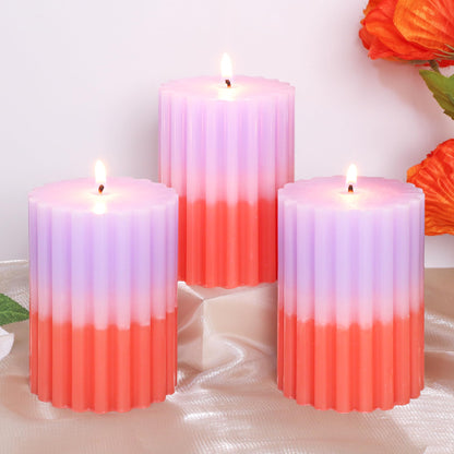 FLAVCHARM Ribbed Pillar Candles Purple Coral Gradient Vanilla Scented 3x4 Inch Candle Handmade Striped Aesthetic Retro Textured Pillar Candle for Boho Home Decor, Coffee Table, Weddings Party, 3-Pack