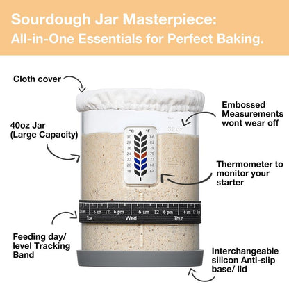 Premium Pro Sourdough Starter Jar Kit - 40oz Large Wide Mouth Sourdough Bread Jar with Marked Feeding Band, Thermometer, Scraper, Cloth Cover and Silicone Lid/Base, Glass Container, Baking Supplies