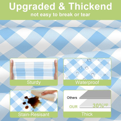 QIKSION Light Blue Gingham Tablecloth Disposable 12 Pack, 54 x 108 Inch Blue and White Checkered Table Cloth for Baby Shower, Easter Decorations, Birthday Party, Rectangle, Plastic Table Cover