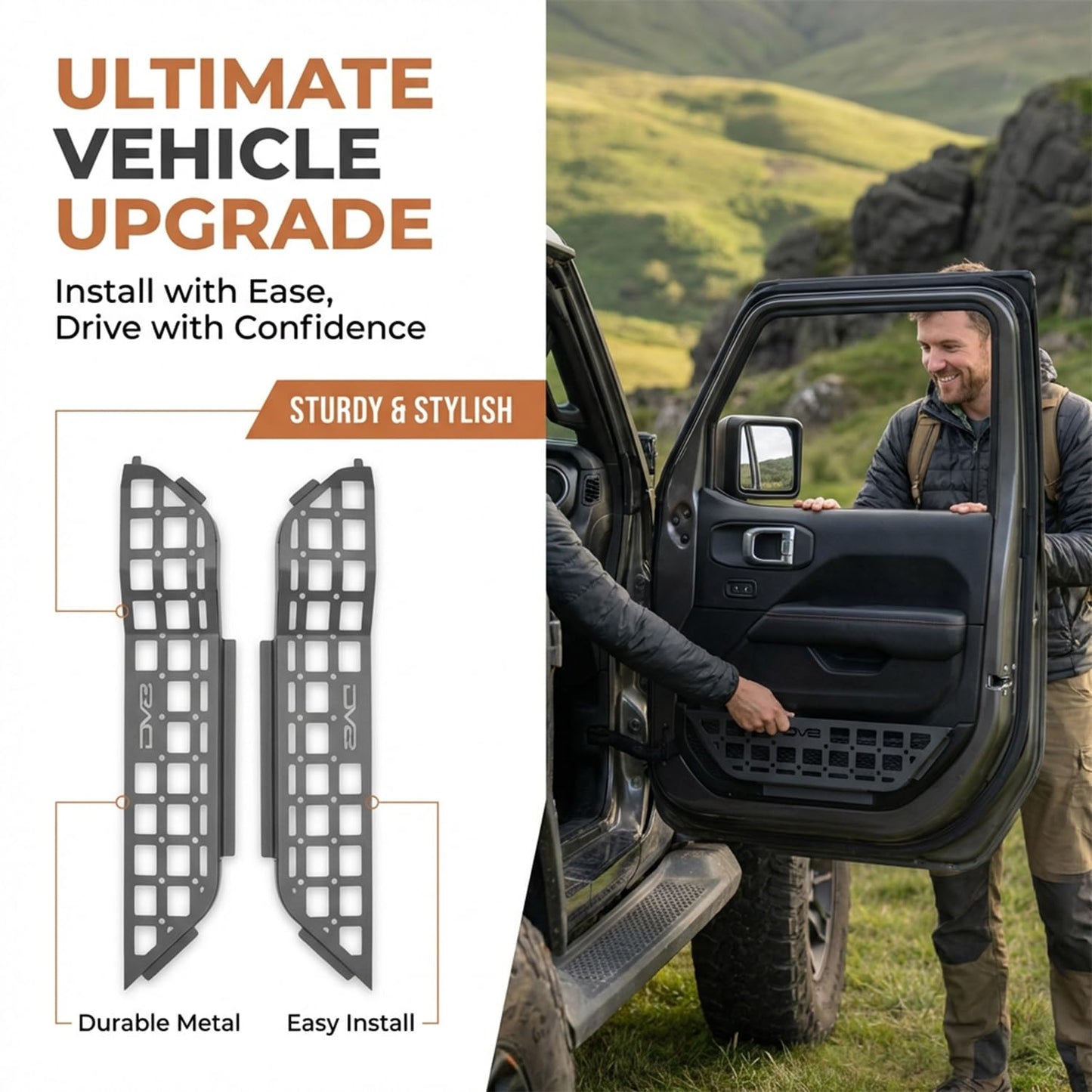 DV8 Offroad Front Door Pockets Compatible with Jeep Wrangler JL (2018-2026) & Gladiator JT (2020-2026) - Rigid Steel Molle Panel Storage Organizer, Replacement for Saggy Nets, Black
