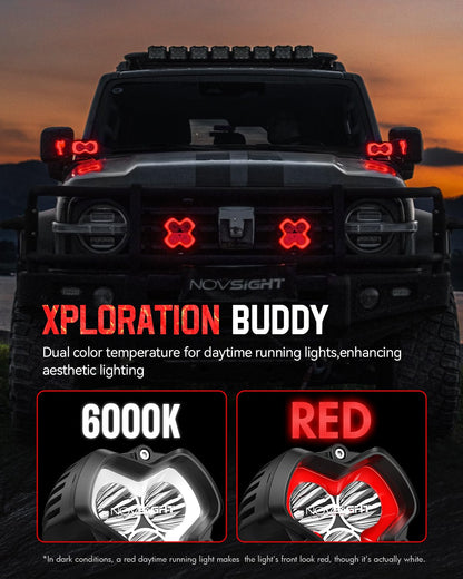NOVSIGHT Offroad LED Pod Lights - Halo SE Series 3 Inch LED Spot Beam with Red/White DRL, 120W Super Bright Off Road Cube Light for Truck Jeep Pickup Ford ATV, Pair(Red Dot Award 2025 Winner)