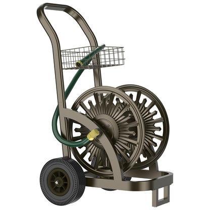 GOFORWILD Heavy Duty Steel Garden Hose Reel Cart with Wheels - Holds 200ft of 5/8 Hose, Storage Basket & Anti-Tip Design - Mobile Water Reel for Lawn, Yard, Garden