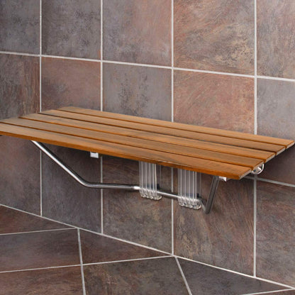 36" Foldable Teak Wood Shower Seat Bench, 400 lb Capacity, (Seating Size: 35.5" W x 15.75" D), Clear-Coated for Extra Protection, Wall Mount Folding Bathroom Stool Chair, Modern Chrome