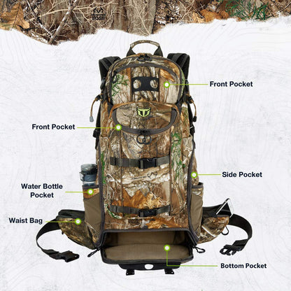 TIDEWE Hunting Backpack 3400cu, Silent Frame Hunting Pack for Bow/Rifle/Pistol（Camo）