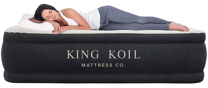 King Koil Full Size Plush Pillow Top Inflatable Air Mattress with Built-in Pump High-Speed Pump for Home, Camping, Guests, Luxury Double High Adjustable Blow Up Bed, Waterproof, 1-Year Warranty.