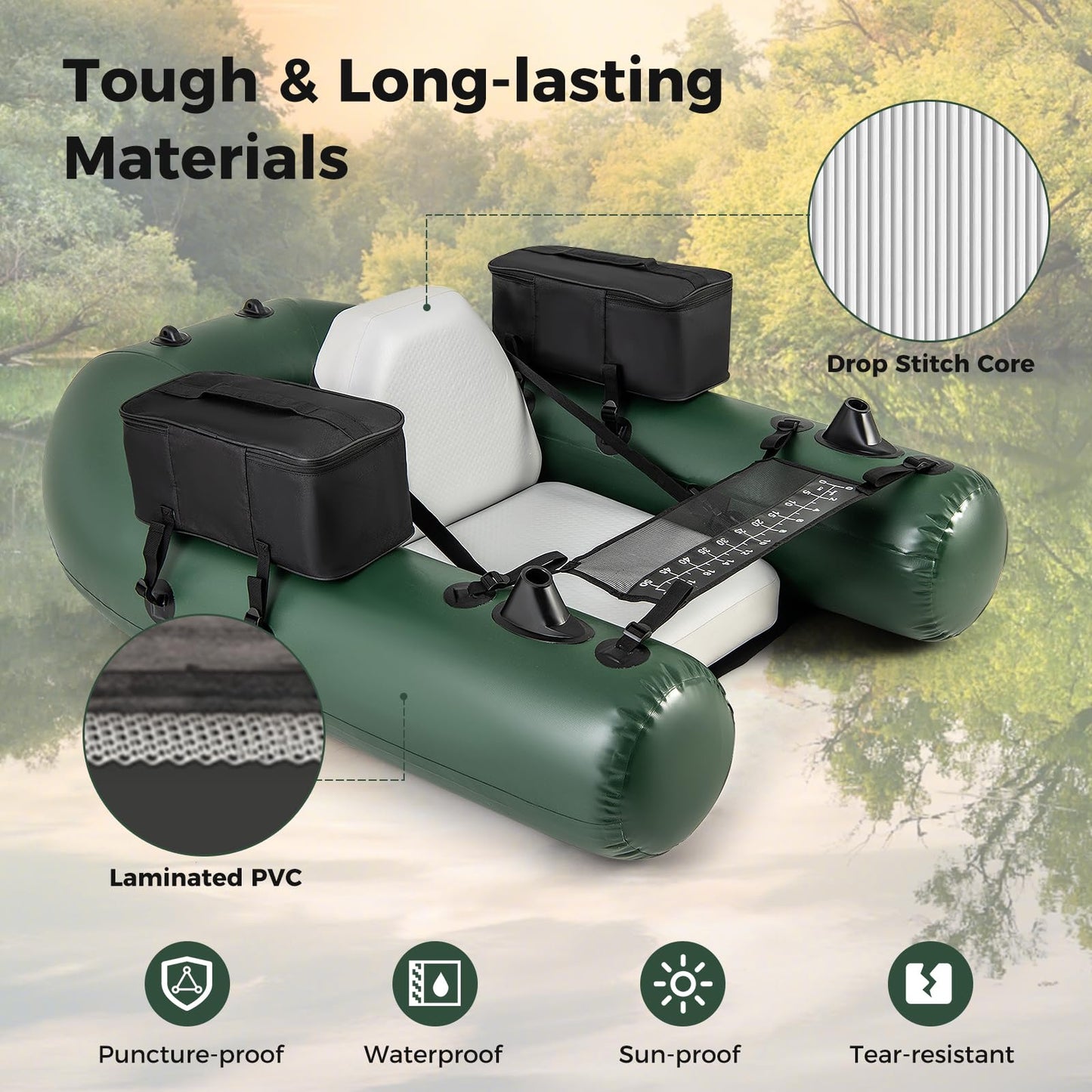 Goplus Inflatable Float Tube, Fishing Belly Boat with Fish Ruler, 2 Detachable Storage Bags, Pump, Carry Bag, PVC Fish Boat w/Reinforced Drop Stitch Core for Rivers Lakes Angling, 352LBS Load Capacity