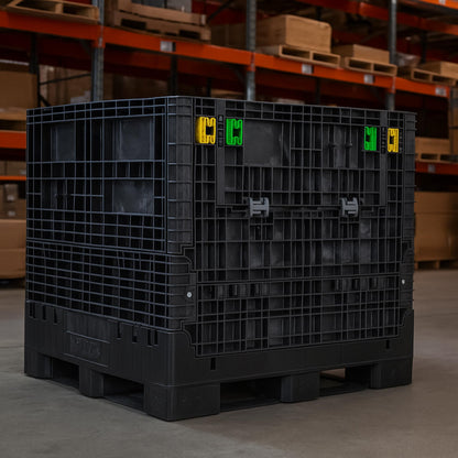 Buckhorn 48" x 45" x 41" Collapsible Bulk Box Container, Extra-Duty Plastic Stacking Gaylord Box with 4-Way Forklift Access and 2 Drop Doors, 1700 lb Capacity Storage Tote, Black (BR48454120)