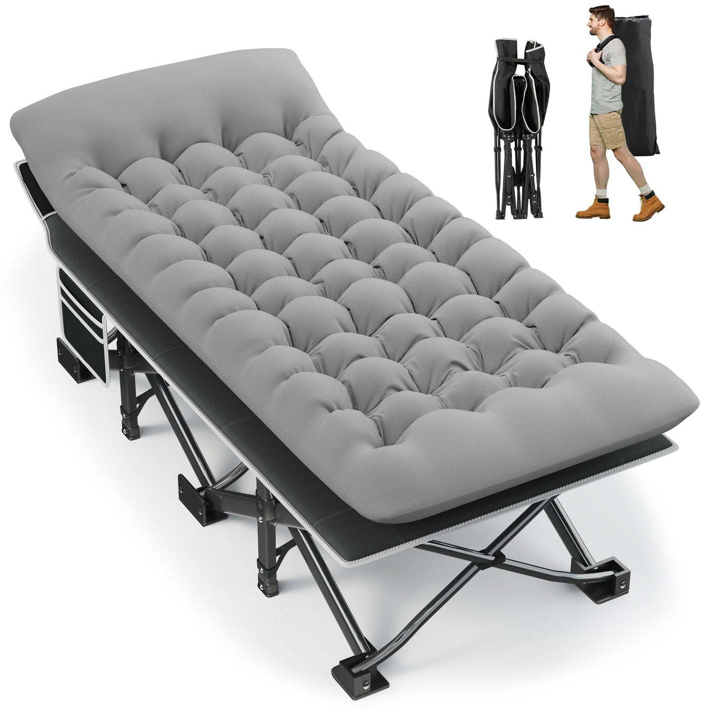 Fragess Portable Camping Cot, 32" Extra Wide Camping Cots for Adults with Thick Mattress, Heavy Duty Sleeping Cot Holds Up to 600LBS, Cots for Sleeping, Rv, Beach, Patio, Office Naps(Grey)