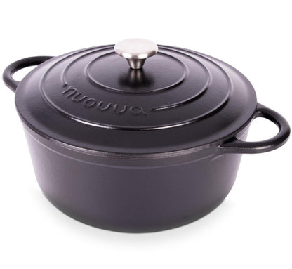 Nuovva Enamelled Cast Iron Dutch Oven Pot with Lid – 6.4 Quart Non Stick Casserole Pot – Heavy Duty & Oven Safe up to 500° F for Bread Baking, Braising, Stews, Roasting – 28cm Black