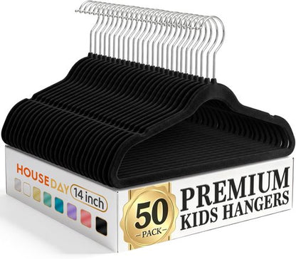 HOUSE DAY 14-Inch Kids Velvet Hangers - 50 Pack Non-Slip Durable Felt Hangers for Youth & Teens | Black