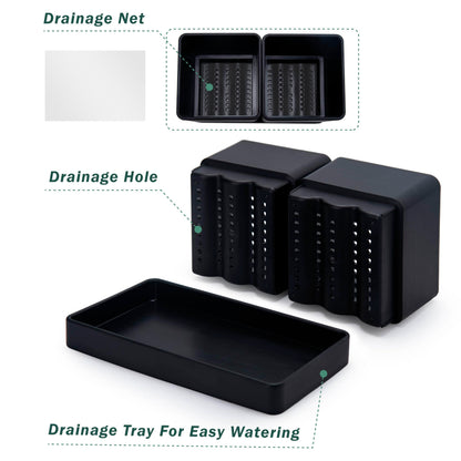 D'vine Dev Indoor Herb Garden Planter Set, Plastic Windowsill Plant Pots with Drainage and Saucer, Indoor Succulent Cactus Vegetable Pot for Balcony, Office, Garden, Black, Set of 2, 76-Q-B-2