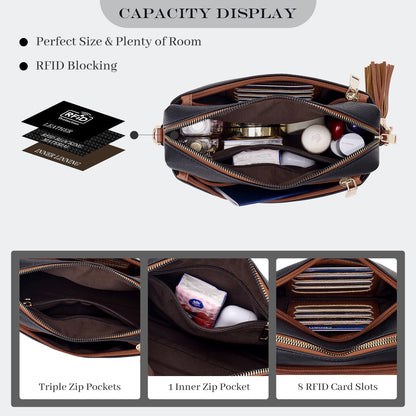 Roulens Triple Zip Small Crossbody Bag for women,Wide Strap Cell Phone Purse Shoulder Handbag Wallet with Credit Card Slots