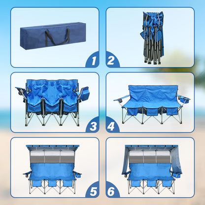 BDL 3 Person Camping Chair with Canopy Shade, Oversized Heavy Duty Camping Chair with Cup Holders & Ice Bag Portable Family Folding Chair for Outdoor, Lawn & Sports,Blue