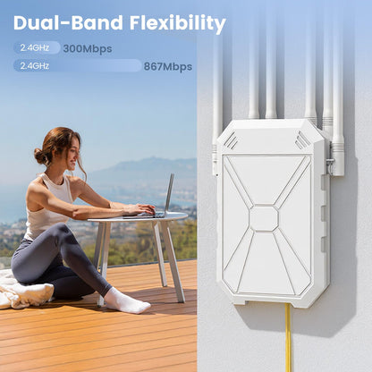 AC1200 Outdoor WiFi Extender, Long Range Outdoor WiFi Extender Signal Booster WiFi Access Point with 6 Antennas, IP67 Weatherproof,W/PoE, for Starlink, Camping,Cameras