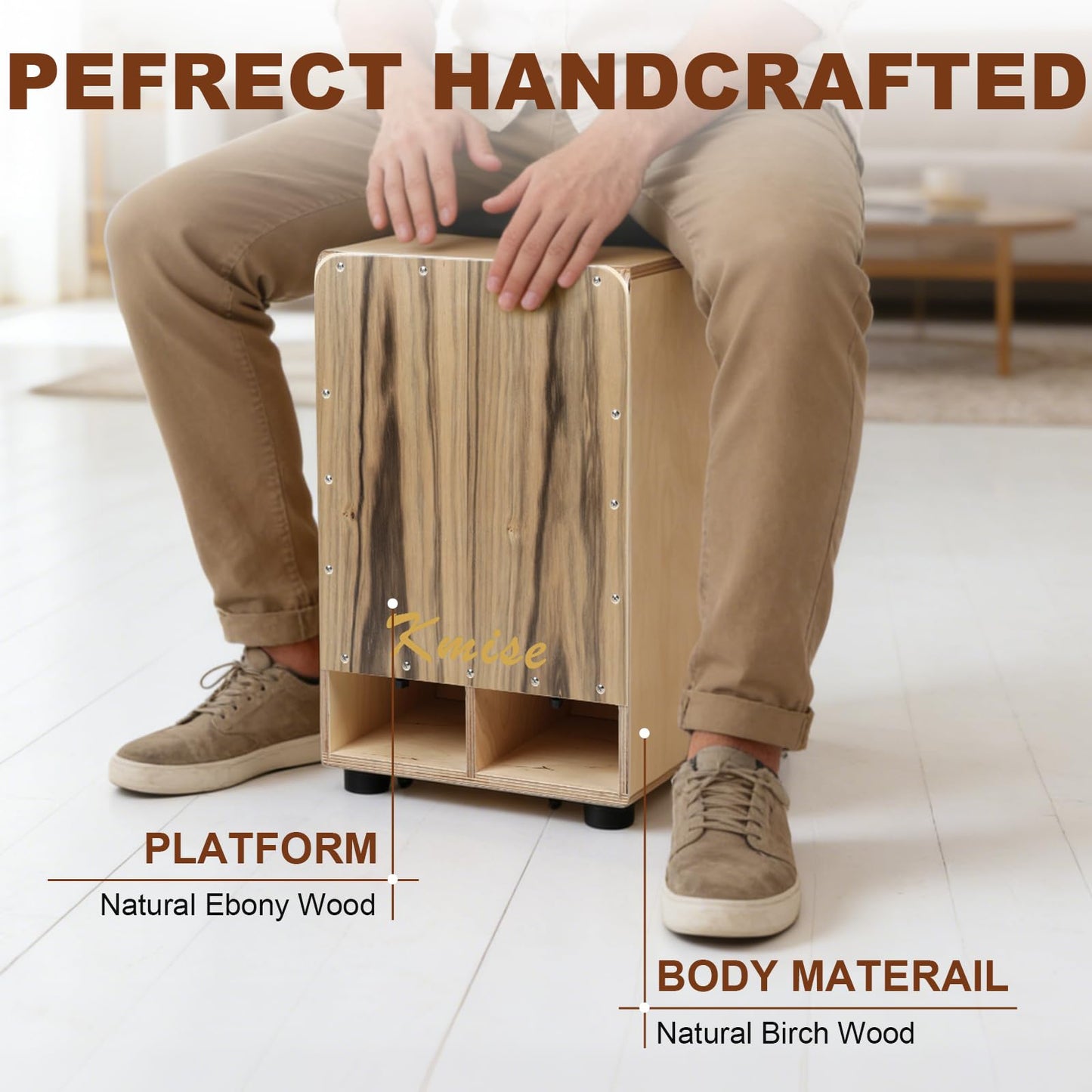 Kmise Portable Cajon Drum Box, 11.8×12.2×19.6" Adjustable Snare Cajons Drums, Solid Ebony & Birch Wood, Percussion Instrument Gift for Adults Kids, With Carry Bag,for Home Live Performance Practice
