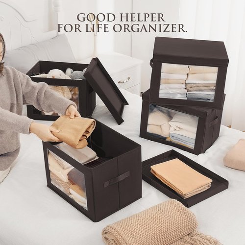 Homsorout Stackable Storage Bins - Large Fabric Organizer Baskets with Lids, 5-Pack, Brown