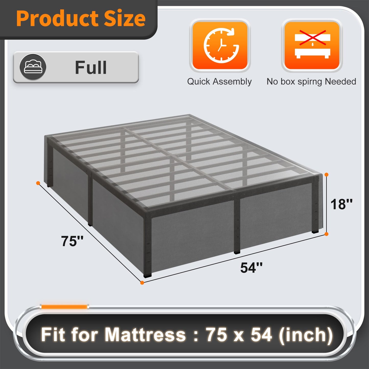 Cieemine 18 Inch Full Size Bed Frame with Black Bed Cover, Metal Bed Frame Full Size No Box Spring Needed, Heavy Duty Mattress Foundation, Easy Assembly, Noise Free