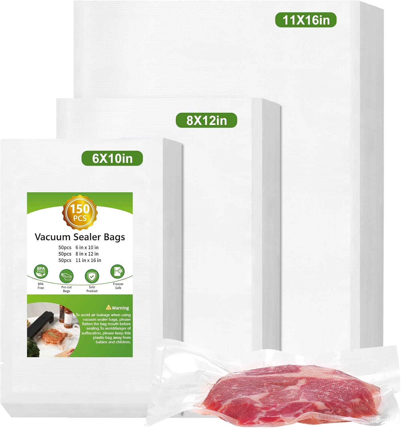 Vacuum Sealer Bags - 150 Precut Food Saver Bags | BPA Free, Puncture Resistant, Meal Prep Sizes