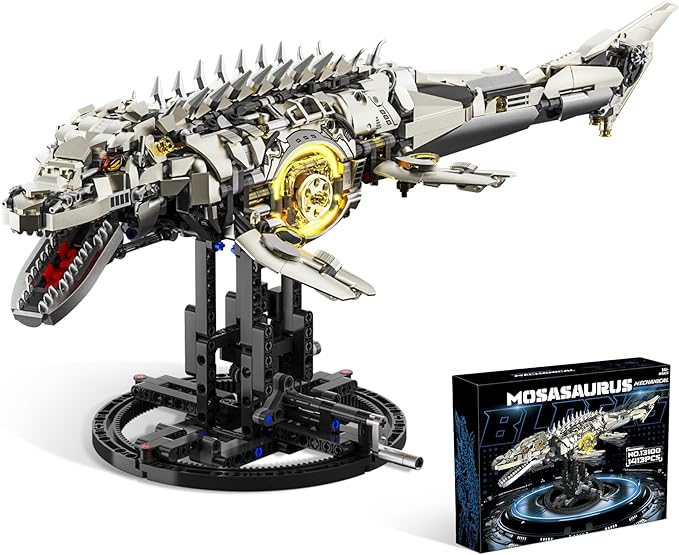 Mechanical Mosasaurus Building Set for Adults Dinosaur Building Block Set Compatible with Lego 1413PCS Ocean Animal Collection Toy with Display Stand and Light Home Office Decor Idea Gift