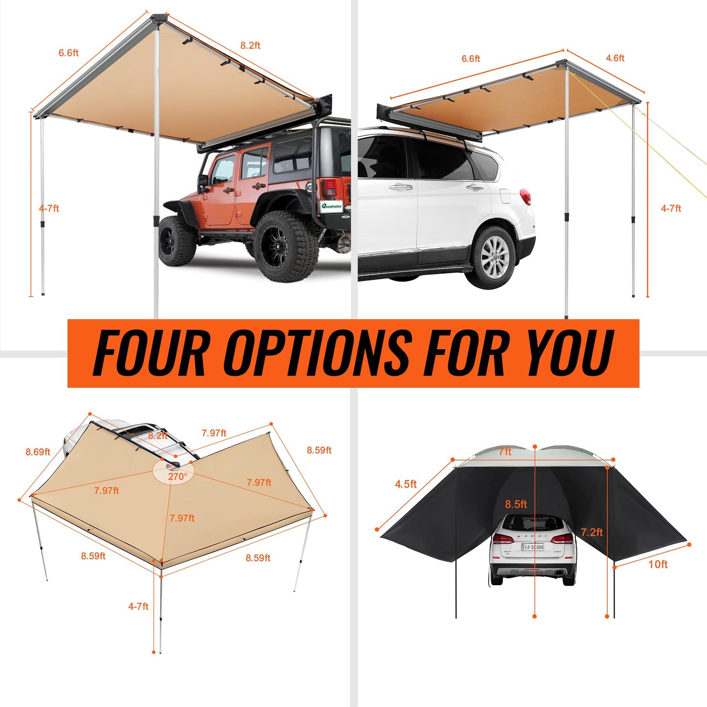VEVOR Vehicle Awning 4.6'x6.6' Roof Rack Pull-Out Sun Shade UV50+ PU3000mm, Retractable Weatherproof 4x4 Side Awning for SUV Outdoor Camping & Overland (Hardware Included), w/Waterproof Storage Bag