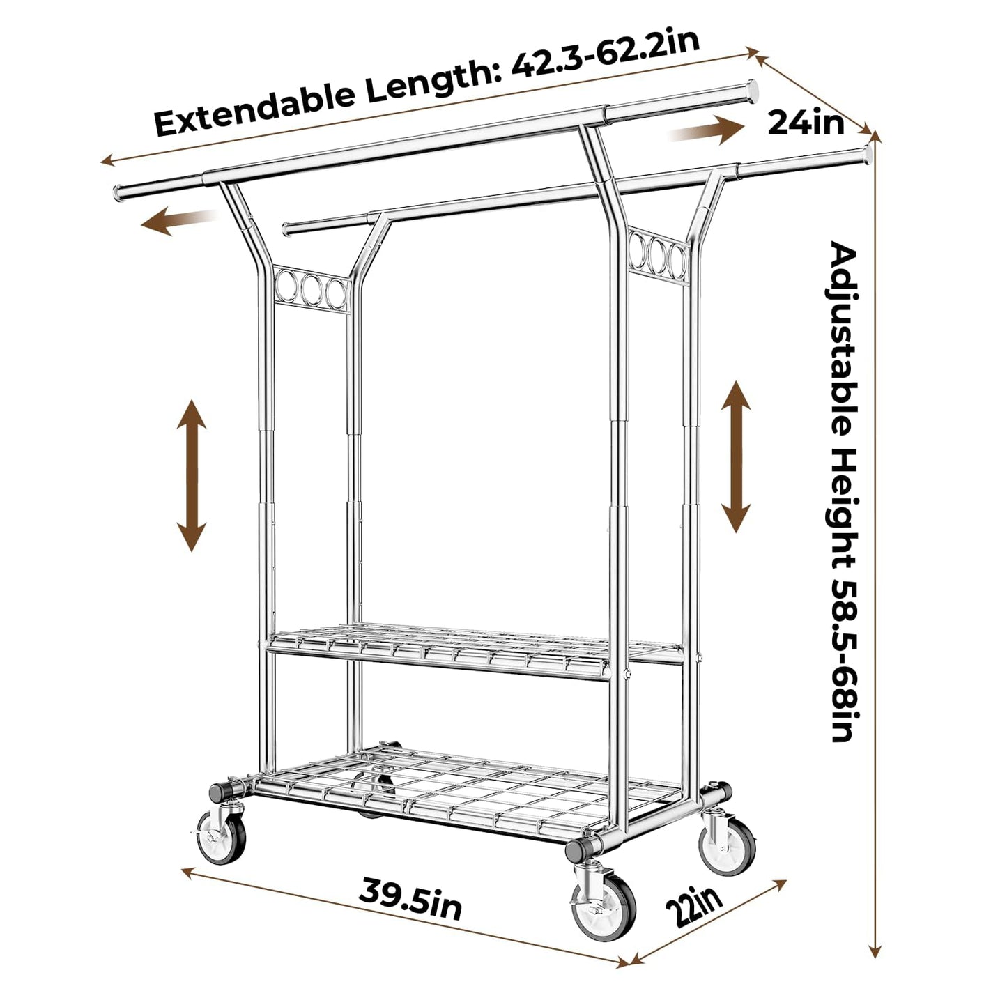 HYSEYY Heavy Duty Clothes Rack, Rolling Clothing Rack With Shelves Load 620 LBS, Double Rod Clothing Racks for Hanging Clothes, Portable& Adjustable Clothes Rack with Wheels Garment Rack