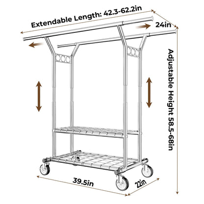 HYSEYY Heavy Duty Clothes Rack, Rolling Clothing Rack With Shelves Load 620 LBS, Double Rod Clothing Racks for Hanging Clothes, Portable& Adjustable Clothes Rack with Wheels Garment Rack