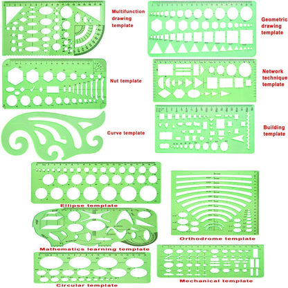 ipxead 11 Piece Geometric Drawing Template Measuring Ruler, Transparent Green Plastic Ruler with Portable Plastic Bag for, for Studying, Designing and Building
