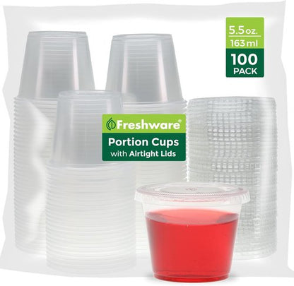 Freshware Portion Cups with Lids - 5.5 Ounce Souffle Cups for Sauces, Snacks, and Dressings | 100 Sets