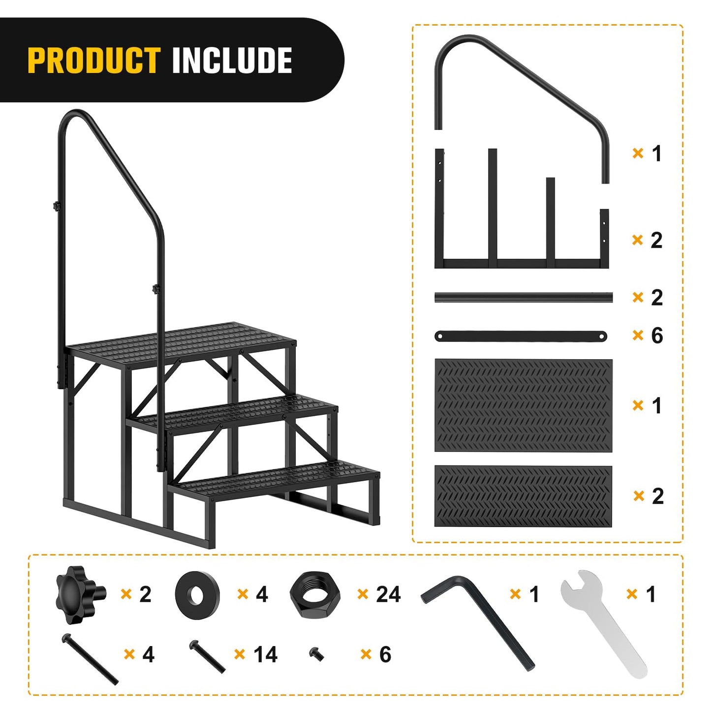 Nilight RV Steps with Handrail, 3 Steps Hot Tub Steps Outdoor RV Stairs Step Portable Mobile Motor Home Stairs for Camper Travel Trailers Dock Entry Steps 5th Wheel RV Porch with Anti-Slip Handrail