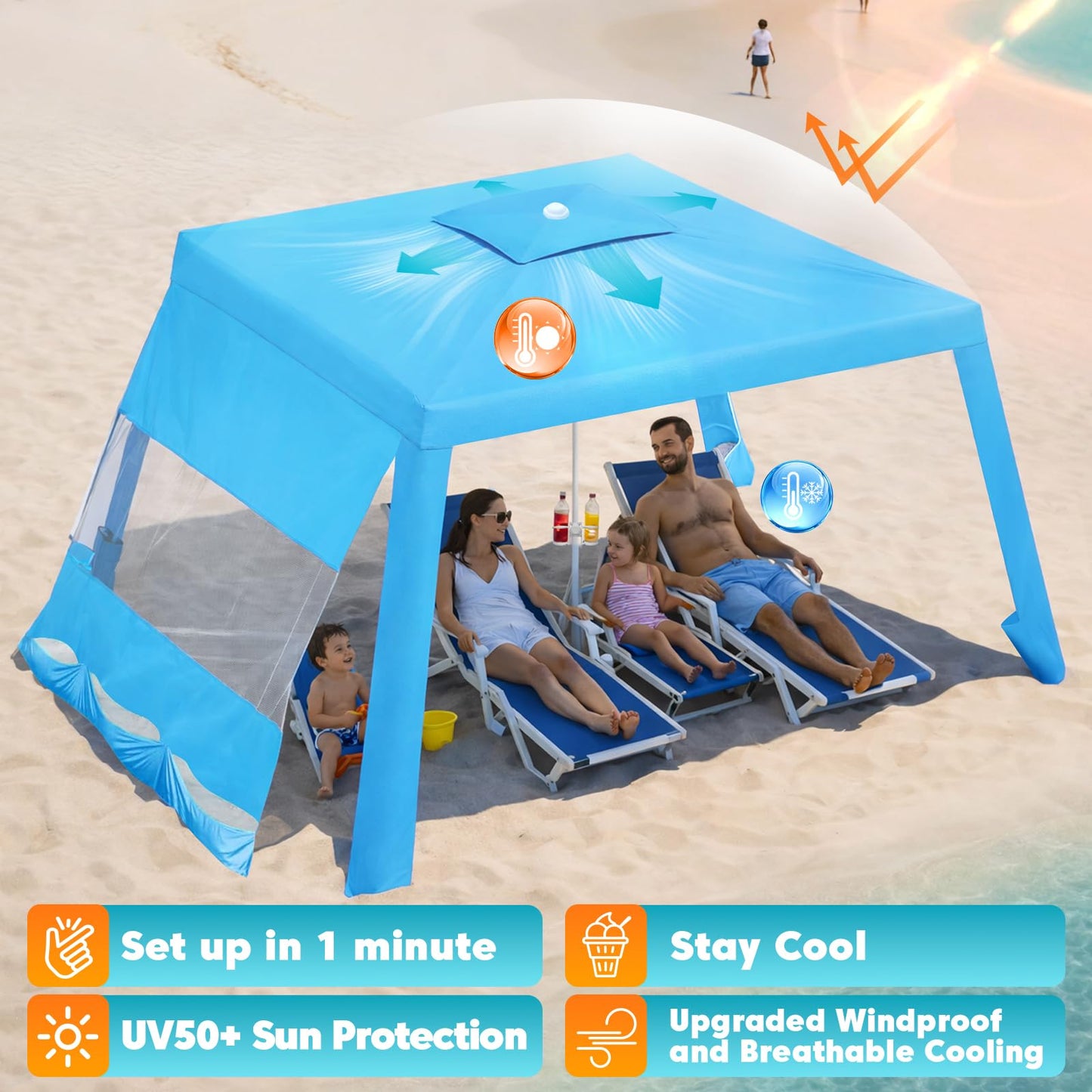 Purebox Beach Tent Shade Canopy - 8 * 8FT UPF50+ Beach Umbrella Sun Shelter 3Min Setup for 8 Person Cabana Tent with Sand Pockets Removable Side Walls Instant Sun Shade for Family, Camping, Fishing