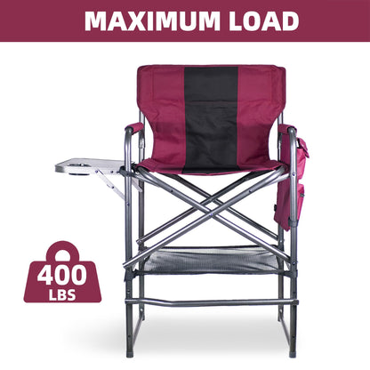 Foristrail 30" Tall Directors Chair with Side Table, 400LBS Bar Height Folding Camping Chair for Makeup Artists, Outdoor Events, Portable Foldable Chair with Cup Holder & footrest - Light Wine Red