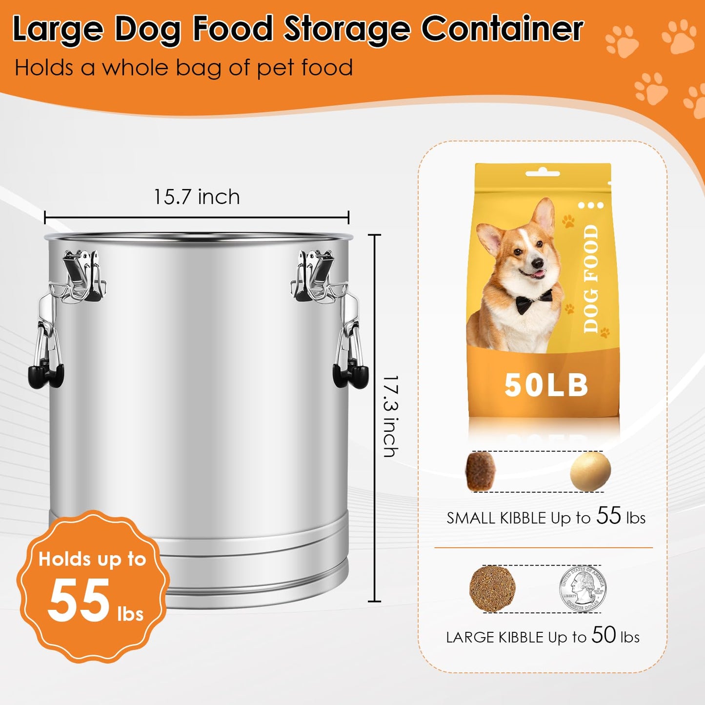 Stainless Steel Dog Food Storage Container,50LB/55LB Airtight Dog Food Storage Container with Lid to Keep Fresh,Easy Clean Large Pet Food Storage Container with Scoop for Cat Food,Chicken Feed,Rice