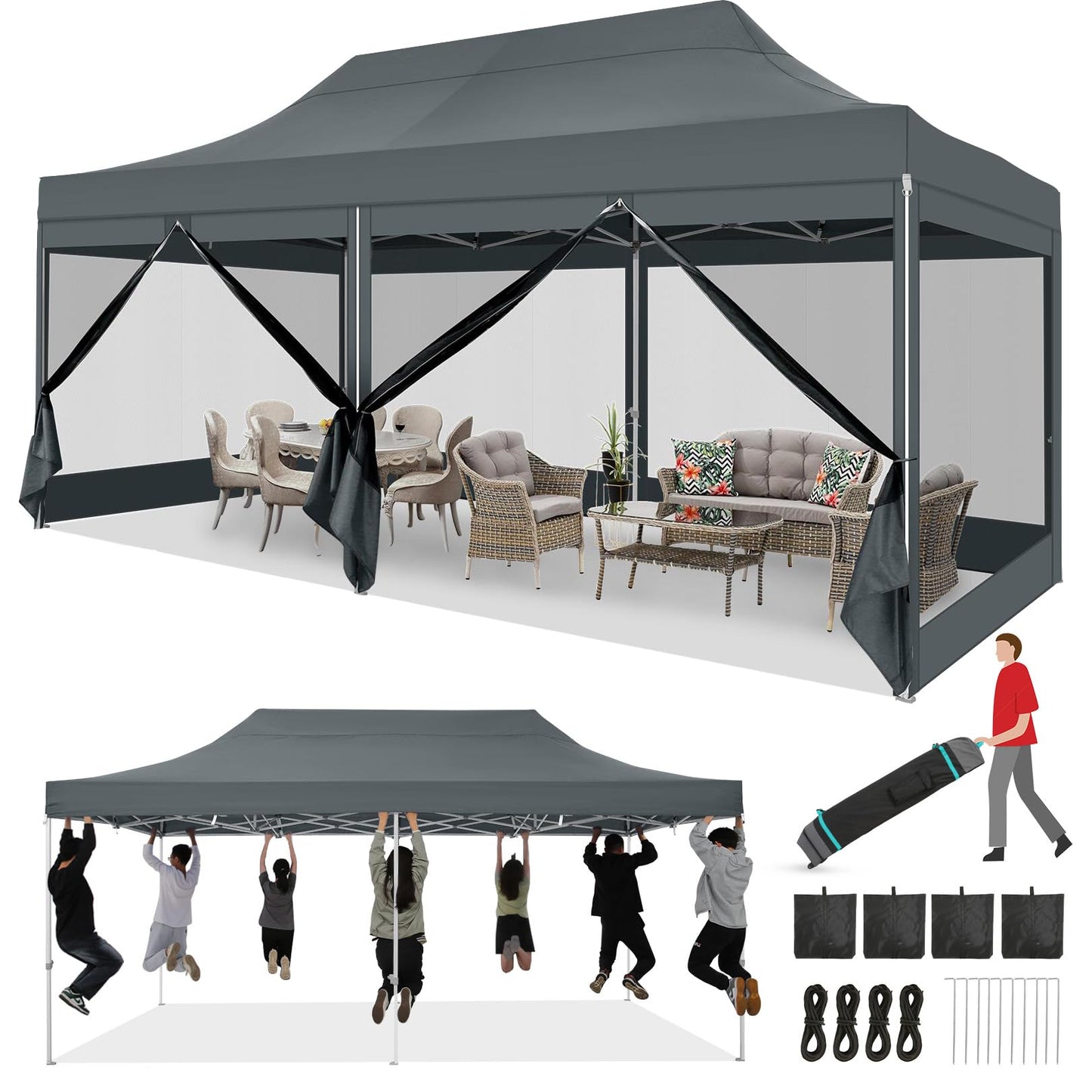 COBIZI 10x20 Heavy Duty Pop Up Canopy Tent with 6 Sidewalls, Easy Set Up Outdoor Waterproof Screen Commercial Party Tent with Mosquito Netting for Parties Backyard Patio, Roller Bag, Gray