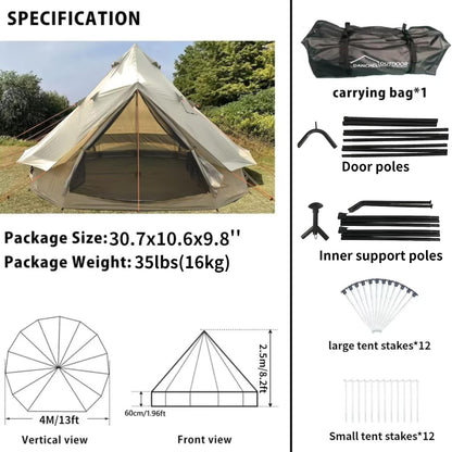 DANCHEL OUTDOOR B2A Portable Bell Tent No Center Pole, 4 Season Yurt with Stove Jack Spacious Interior for 4 Person Camping Hiking Glamping 300D Oxford Nylon,16.4ft/5m Khaki
