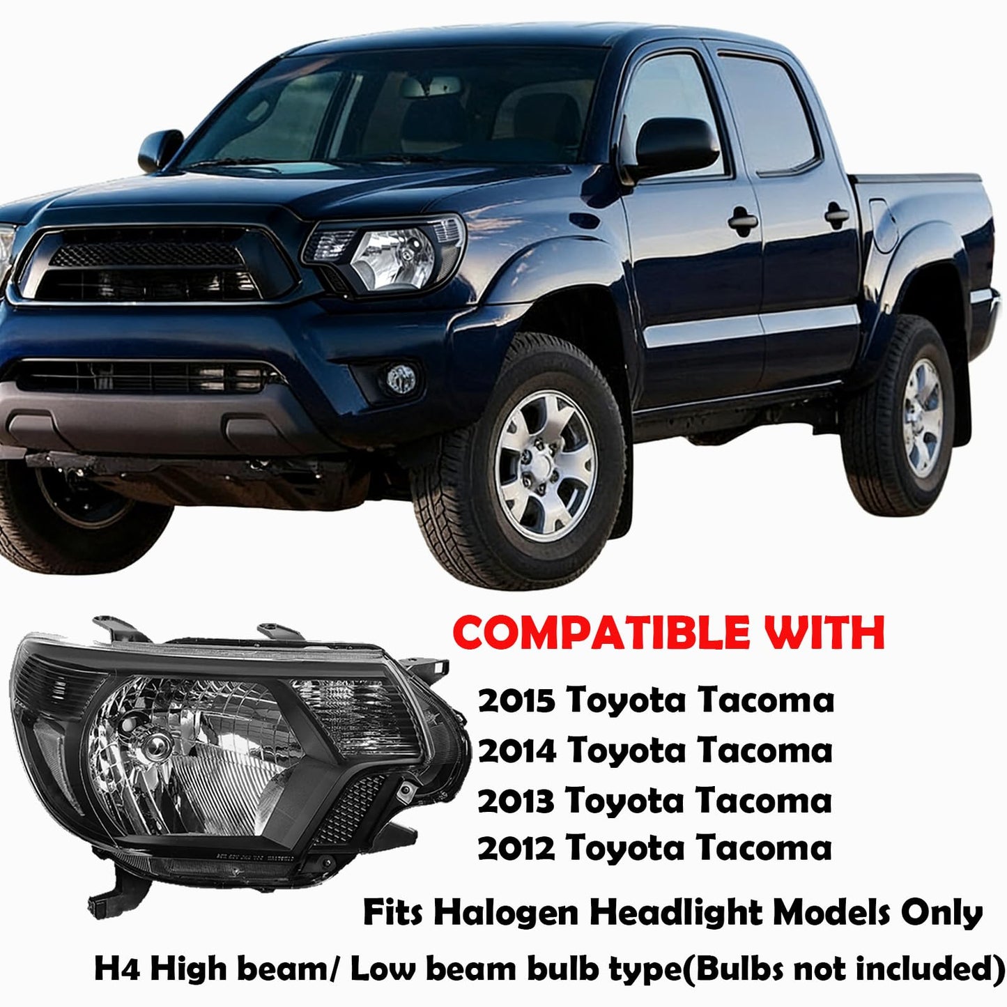 ATOMTEC Chrome Headlights Assembly Fit For 2012 2013 2014 2015 Toyota Tacoma Black Housing Clear Reflector Halogen headlamp Replacement Driver Passenger Side TO2503182 TO2502182