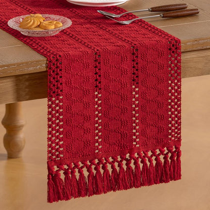 Socomi Boho Table Runner Easter Spring Farmhouse Rustic Dining Kitchen Centerpiece Decor Small Macrame Woven Cotton Linen Coffee Table Runner for Dresser Scarf Home Decor 12x60 in Red