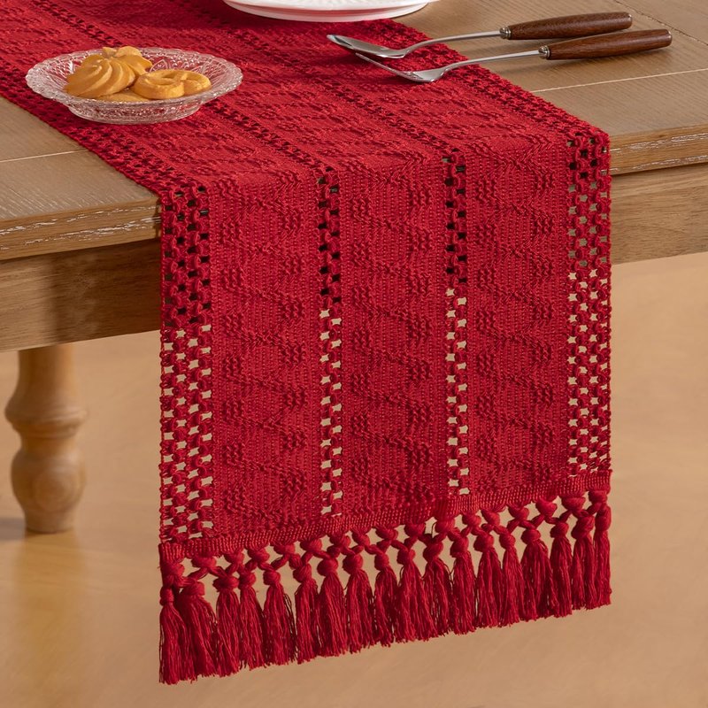 Socomi Boho Table Runner Easter Spring Farmhouse Rustic Dining Kitchen Centerpiece Decor Small Macrame Woven Cotton Linen Coffee Table Runner for Dresser Scarf Home Decor 12x36 in Red